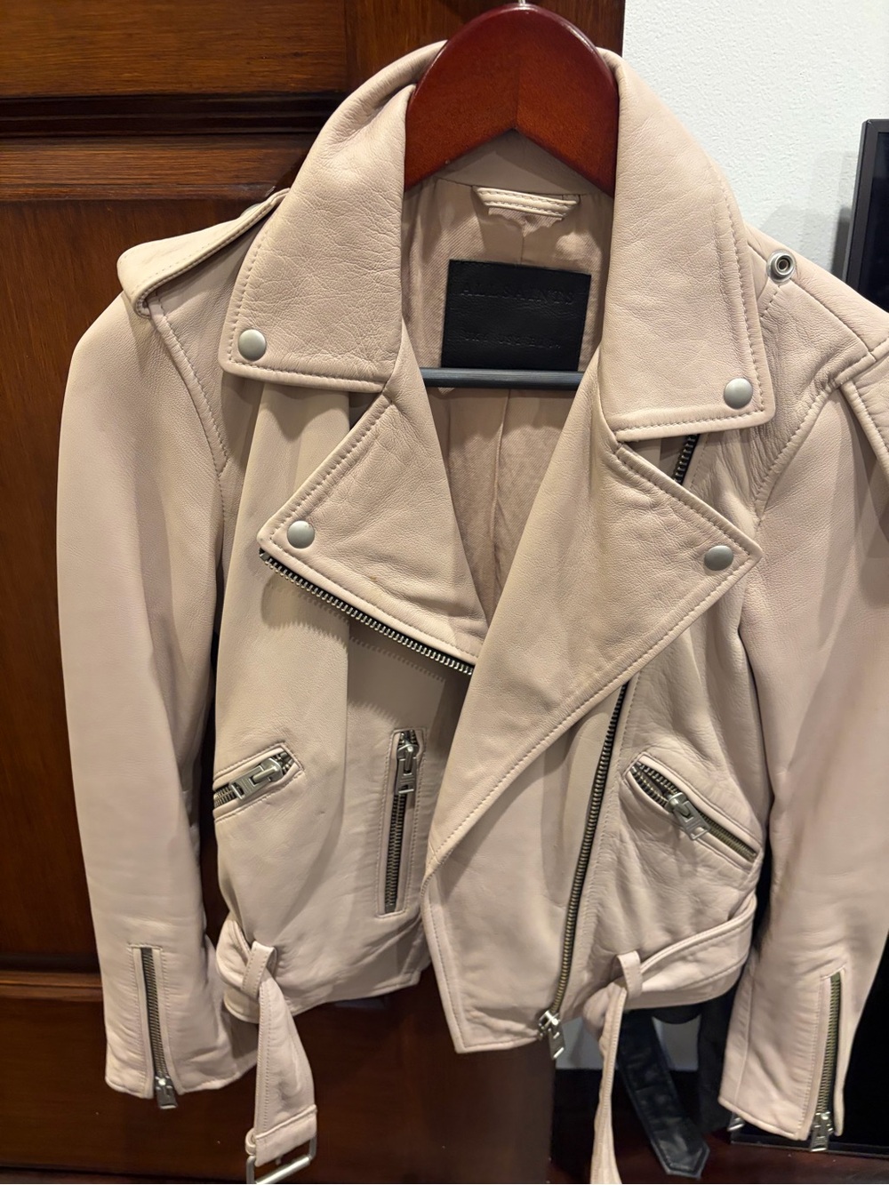 AllSaints Pale Blush Leather Moto Jacket